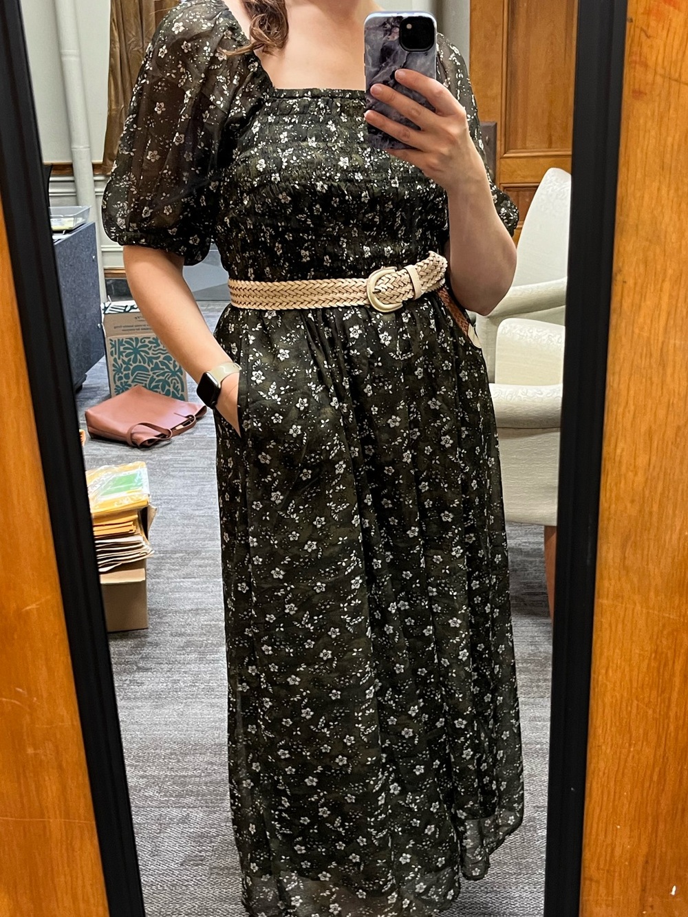 Old Navy Smocked Bodice Floral Puff-Sleeve Olive Maxi Dress